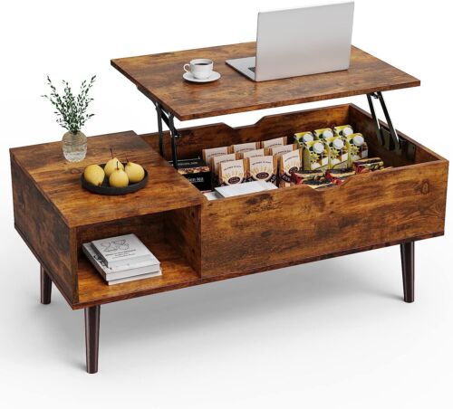 Wood Lift Top Dining Tabletop Home Office Coffee Tea Table with Adjustable Shelf
