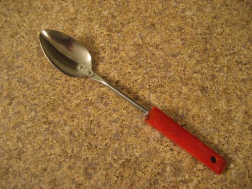 Vintage Androck Stainless Solid Serving Spoon W Red/Gold Swirl Bakelite Handle