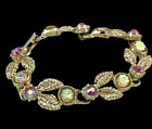 Vintage AB Aurora Borealis Rhinestone Bracelet Gold Tone Leaves
