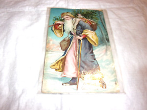 Two Embossed Antique Santa Claus Postcards, Blue Robe 1907