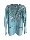 Story Book Knits Women's Blue Floral Embroidered Sweater Cardigan Size Small