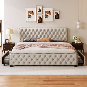 King Size Upholstered Platform Bed Frame with Headboard & Footboard & 4 Drawers