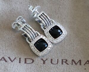 David Yurman Sterling Silver 7mm Albion Drop Earrings Black Onyx with Diamonds