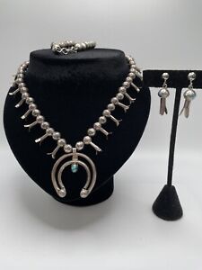 22” Vintage Navajo Sterling Silver Turquoise Squash Blossom Necklace & Earrings