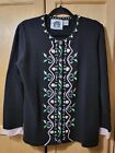 Storybook Knits Black Sweater Small Hearts & Rosebuds Floral Embroidery w/Pearl