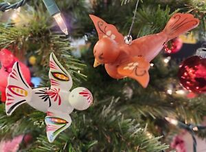 2 Vintage Wooden Bird Ornaments - Clip on & Hanging