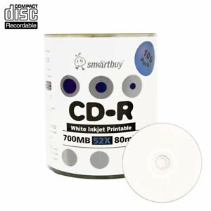 100 Smartbuy CD-R 52X 700MB/80Min White Inkjet Printable Blank Recording Disc
