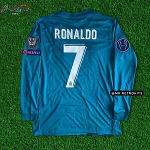 Ronaldo #7 Real Madrid 2017/18 Long Sleeve UCL Away Teal Retro Jersey Size M