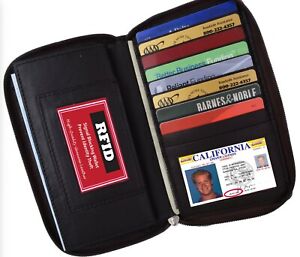 RFID Black Leather Women Premium Checkbook Zip Clutch Wallet Coin Card Holder.