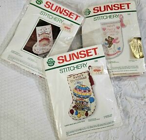 Sunset Crewel Stitchery Craft Christmas Stocking Kits 189, 194, 195 Lot Of 3