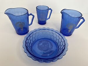 Vintage Lot Shirley Temple Cobalt Blue Glass Cereal Bowl 2 Creamers & 1 Cup