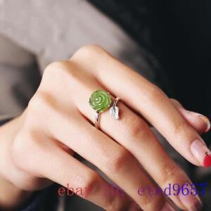 Green Jade Rose Rings 925 Silver Flower Women Jewelry Natural Adjustable Ring