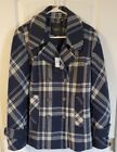New Talbots Women 12 Navy Blue Plaid Wool Blend Double Breasted Jacket Peacoat