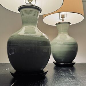 Pair Signed Thai Celadon Jade Green Mid Century Crackle Glaze Pottery Lamps