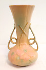 Vintage Weller Pottery Art Nouveau Vase Double Scroll Handles Pink Floral Satin
