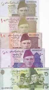 Pakistan Set 5 Pcs 5 10 20 50 75 Rupees RANDOM DATE P 45 46 47 53 P 56 UNC