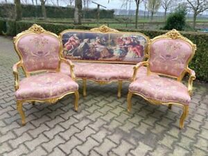 Elegant French Louis XVI Sofa Set with Pink Damask Upholstery - 3-Piece Ensemble