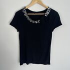 Magaschoni Sweater Small Silk Cashmere Black Beaded Knit Short Sleeve Top