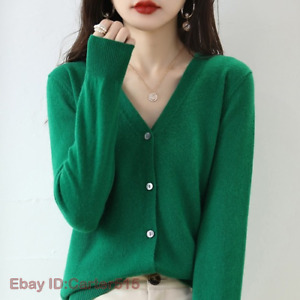 Women Cashmere Wool Cardigan V-Neck Sweater Long Sleeve Knitted Soft Warm Coat