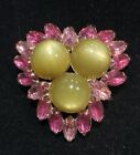 Vintage Brooch Juliana Pink Crystals With Moon Glow Green Lucite Cabochons. Reto