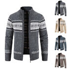 Mens Knitted Cardigan Zip Up Plaid Check Winter Warm Jumper Sweater Jacket Coat