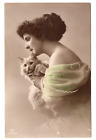 LISBON PORTUGAL LOVELY LADY CAT TINTED RPPC REAL PHOTO POSTCARD STAMP POSTED