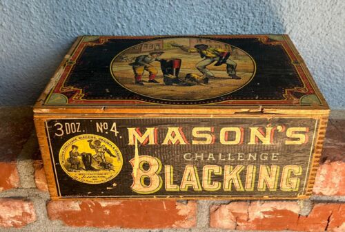 Antique Wood Advertising Box Mason's Challenge Shoe Blacking Black Americana