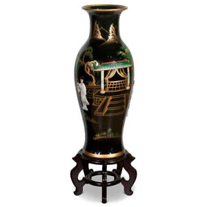 US Seller - 24 Inch Black Lacquer Mother of Pearl Oriental Porcelain Vase