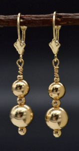 New 14K Solid Yellow Gold Round 8mm Leverback Bead Dangle Earrings