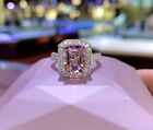 Natural Pink Tourmaline 3Ct Emerald Cut Halo Engagement Ring 14K Real White Gold