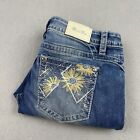 Miss Me Mid-Rise Boot Cut Jeans Women's Size 32 Sunflower Embroidered Frayed Hem