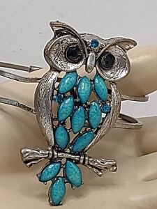 Owl Sitting on Branch Hinged Bracelet Silver Tone Turquoise Beads Black Eyes