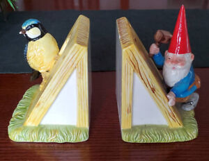 Gorham Bookends Gnome with Hammer Bird Set Ceramic Japan 1980 Unieboek BV