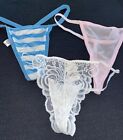Vtg 2 Victorias Secret Panties V-string Thong LOT Blue White Lace + PINK 6 M