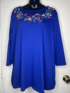 Women’s Shirt Size XL Quacker Factory Blue 3/4 Sleeve Floral Design