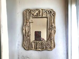 Vintage Heavy Carved Resin Wall Art Mirror Bamboo Bird Design