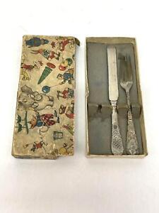 Vintage Clown Pattern Child's Silver Plate Knife And Fork Original Box