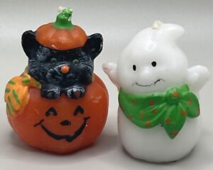 New ListingVintage Halloween Unscented Candles Ghost And Black Cat Figures 2.5”