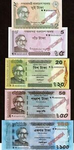 Bangladesh 2 5 10 20 50 100 TAKA 2012-2020 Bangladeshi SPECIMEN Set UNC BANKNOTE