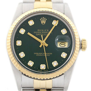 Rolex Mens Datejust 16013 18K Gold Steel Green Diamond Dial Watch w/ Rolex Band
