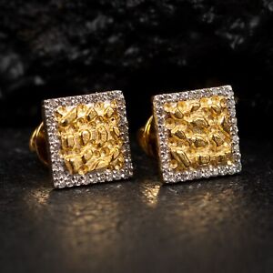 Square Nugget Real 10K Yellow Gold 0.20 Ct Natural Diamond Stud Earrings