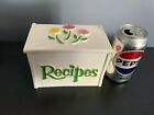 Vintage Recipe box flip open 70s flowers wood look white green pink groovy