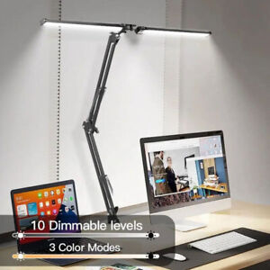Double Head LED Desk Lamp Clamp Swing Arm Eye-Caring Dimmable 10Brightness Level