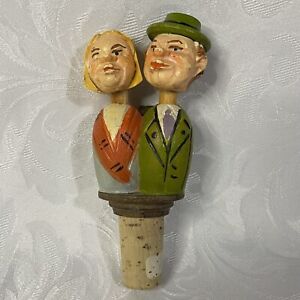 Vintage Wooden Hand Craved Mechanical Kissing Couple Bottle Stopper 5”