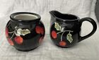 Laurie Gates Ware Handpainted Ceramic Creamer & Sugar Black w Red Cherries EUC