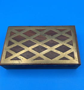 Vintage Wood Cigarette Box Metal Design Inlay Hinged Lid India 5