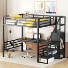 Metal Loft Bed with Desk Wardrobe Storage Shelves Staircase Full Size Bed Frames