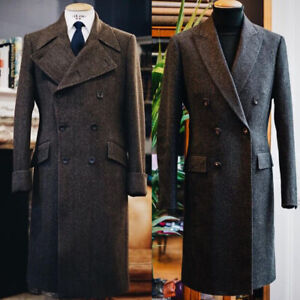 Dark Brown Tweed Men's Long Overcoat Wide Peak Lapel Vintage Outerwear Coats