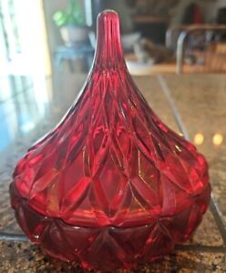 Ruby Red Glass Lead Crystal Hershey Kiss Shaped Covered Candy Dish