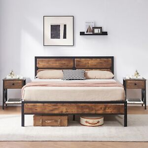 3-Piece Bedroom Set Wooden Headboard Metal Platform Bed Frame + 2 Nightstands